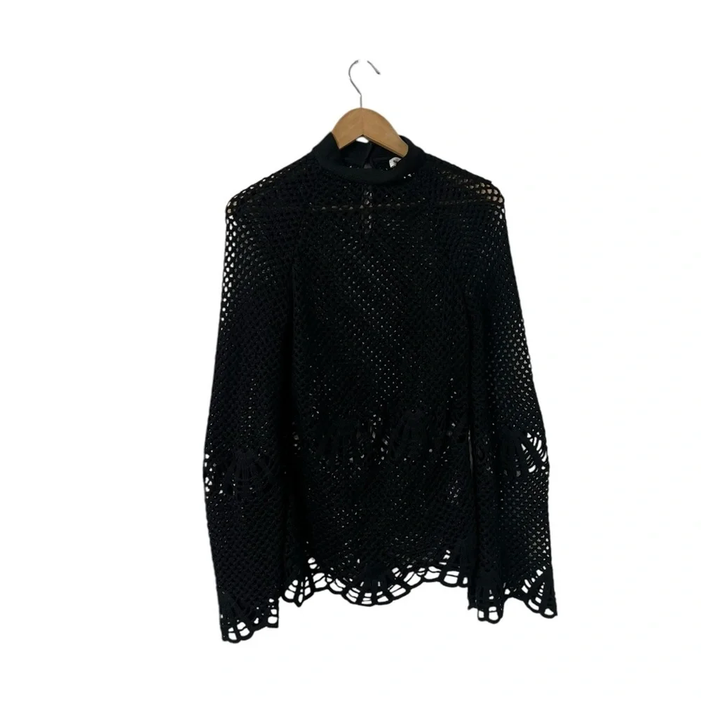 SELF-PORTRAIT Sheer Crochet Lace High Neck Black Sweater Top